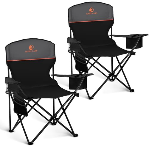 ALPHA CAMP Set of 2 Folding Camping Chairs Lightweight Picnic Chair | with Cooler Bag and Cup Holder Outdoor Folding Chair 120kg Capacity Portable Chairs for Garden Fishing Beach Travel, Black
