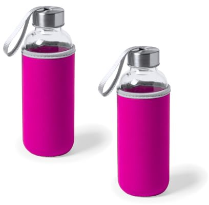 Genérico Juego de 2 Botellas de Agua de Cristal de 420ml con Funda de Neopreno y Tapa de Seguridad, Botellas Reutilizables de Bebidas para Deporte, Oficina y Viajes (Fucsia)