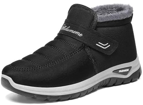 QIJOZXN Women's Winter Warm Snow Ankle Boots Comfortable Fur Lined Waterproof Lightweight Booties with Adjustable Hook and Loop Slip On Anti-Slip Outdoor Walking Shoes (Black,8)