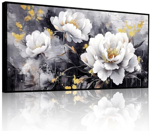 JHHUAMO Quadri Moderni Soggiorno Grandi, Quadro su Tela con Cornice, Stampe da Parete con Fiori Bianchi, Decorazione Murali Naturali per Camera da Letto Salotto Ufficio Corridoio 73x146 cm