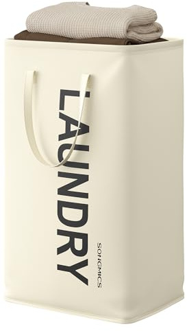 SONGMICS Cesto Portabiancheria, 80 L, Contenitore Pieghevole, Sacco Porta Biancheria con Manici, Idrorepellente, Lavanderia Camera da Letto Bagno, Bianco Crema RLH001WD01