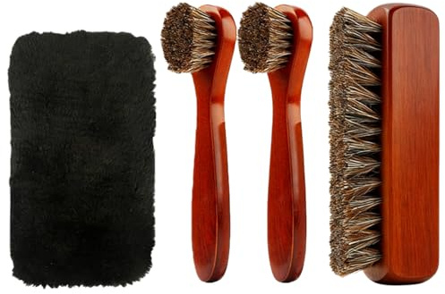 Cepillo de 4 piezas para zapatos, gamuza limpiador, pelo de caballo natural, cepillo de crin de caballo, cepillo brillante, cepillo de pulido, juego de limpieza de zapatos para botas, zapatos