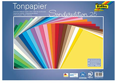 folia 67/25 99 - Tonpapier Mix, ca. 50 x 70 cm, 130 g/m², 25 Blatt sortiert in 25 Farben, zum Basteln und kreativen Gestalten von Karten, Fensterbildern und für Scrapbooking