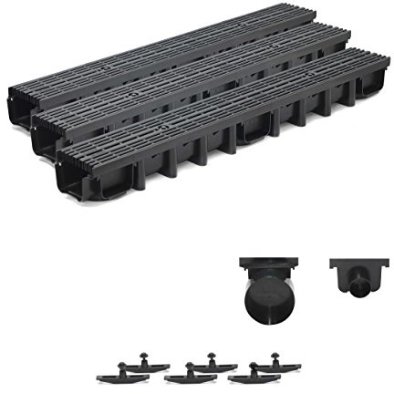 3m Entwässerungsrinne für modulares System A15 98mm, komplett Stegrost Kunststoff, Schwarz Line