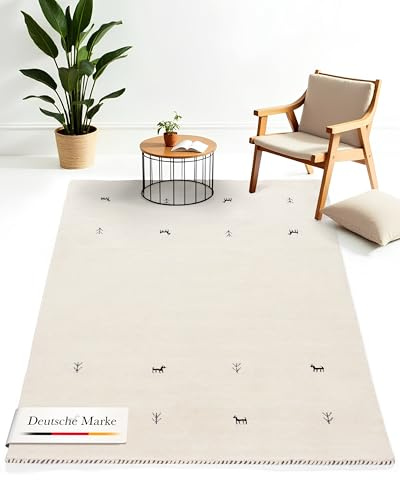 carpetfine Wollteppich Gabbeh Uni Weiß 120x170 cm | Moderner Teppich für Wohn- und Schlafzimmer