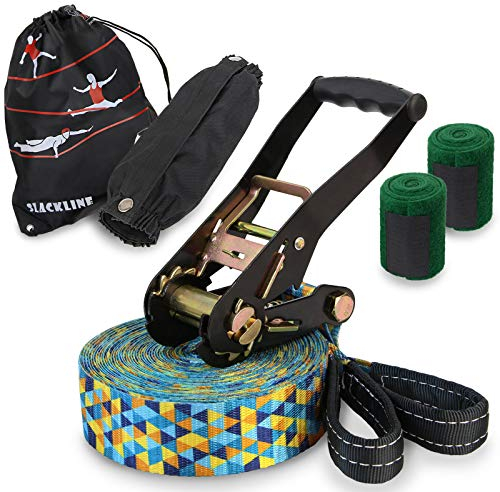 ALPIDEX Slackline Set 15 m + Baumschutz und Ratschenschutz, geeignet für Kinder, Anfänger und Fortgeschrittene 7 Jahre Garantie auf Material*