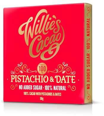 Willie's Cacao - 100% Cocoa with Pistachio & Date - No Added Sugar Chocolate bar - 50g - Naturally sweetened with fruit and nuts - Vegan - Artisan made