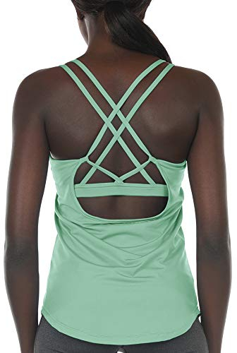 icyzone Damen Sport Yoga Tank Top mit Integriertem BH - 2 in 1 Sport Oberteile Fitness Gym Shirts (S, Hellgrün)
