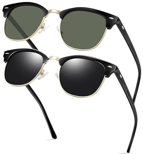 KANASTAL 2 Pack Gafas de Sol Verde Militar Polarizadas Hombre y Mujer Medio Marco Cuadradas Retro Vintage Protección UV - Negro Verde + Doradas Negras
