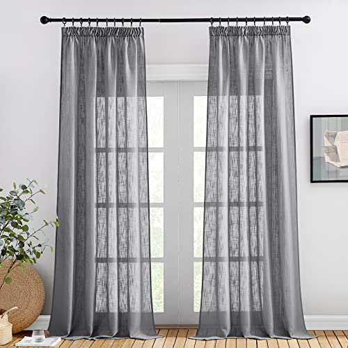 PONY DANCE Gardinen Wohnzimmer Modern Vorhang Leinenoptik - 2 Stücke H 245 x B 140 cm Gardinen Halbtransparent Dunkelgrau Vorhänge für Schienen Voile Gardinen mit Kräuselband