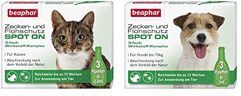 beaphar Zecken- und Flohschutz Spot On für Katzen, Zecken- und Flohschutz mit Margosa Extrakt, 3 x 0,8 ml & und Flohschutz Spot ON für Hunde bis 15 kg