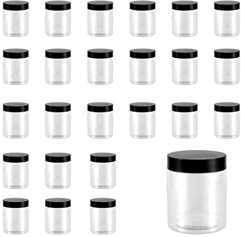 KOHAND Confezione da 24 barattoli di plastica da 250 ml con coperchio nero, in plastica trasparente, a bocca larga, contenitori rotondi vuoti per slime, perline, glitter, cibo, snack, spezie