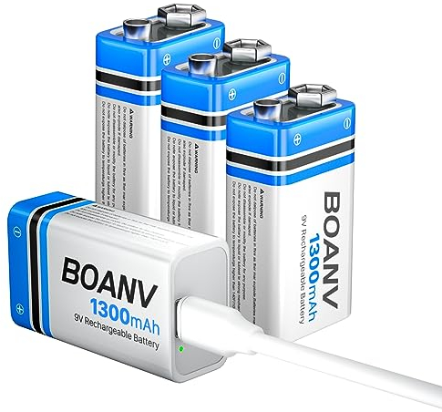 9V Akku Block Wiederaufladbare, 1300mAh 9V Lithium-ionen Batterie, Micro USB Ladegerät mit 2-in-1 Ladekabel für Rauchmelder, Alarme Tastatur Mikrofon 4 Stück
