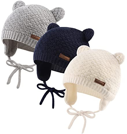 XIAOHAWANG Gorro de Punto Suave con Orejeras para bebé, Gorro de Punto, Lindo Oso para niña, otoño e Invierno, 3 Piezas-B, 0-6 Meses