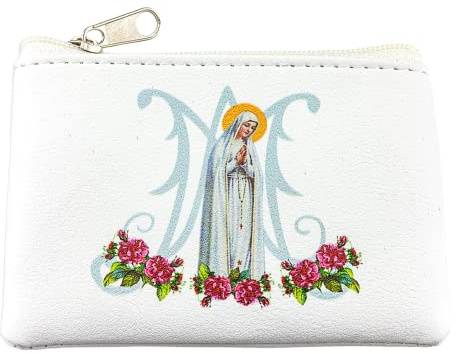 Needzo Our Lady of Fatima White Leatherette Rosary Pouch with Zipper Closure, Neutral Travel Cases and Pouches for Rosaries, 3.25 Inches