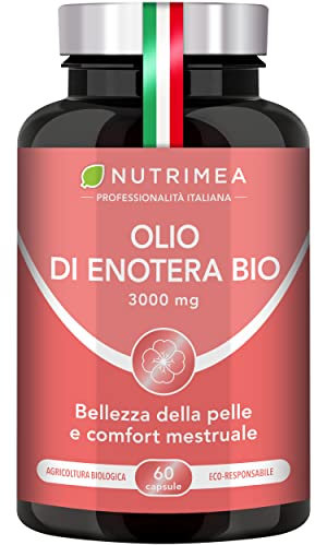 Olio di Enotera BIO | 3000 mg di cui 270 mg di GLA | Spremuto a freddo | 100% naturale | Comfort premestruale e bellezza della pelle | Qualità premium | 60 capsule