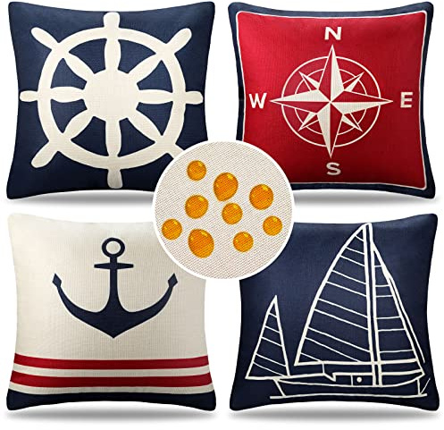 Outdoor Kissen Bezug 50x50 Füllung Deko Sofakissen Leinen Wasserdicht Kissenbezug Gartenmöbel Segelboot Anker Kompass Ruder Kissenbezüge für Sofa Schlafzimmer Wohnzimmer, Marineblau und Rot, 4 Stück