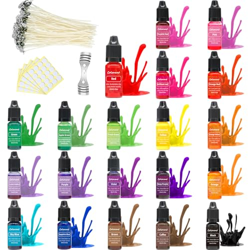 Kerzenwachs Farbset, 20 Farben flüssige Kerzenfarbe für die Kerzenherstellung Hochkonzentrierte flüssige Kerzenfarbe für Sojawachs Bienenwachs Paraffinwachs mit Kerzendochte - je 10 ml