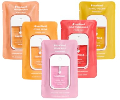 Touchland Hydrating Hand Sanitizer Spray – Juicy 5 Set (Citrus Grove, Berry Bliss, Wild Watermelon, Peach, Mango Passion) – 5 x 1 FL OZ Travel Size Mists