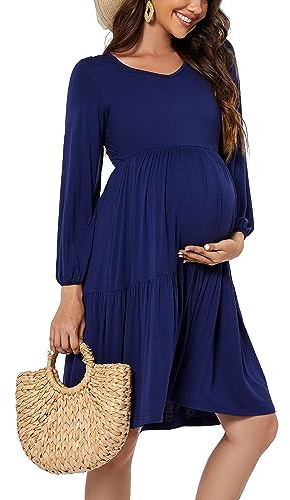 Smallsho Robe Grossesse Manches Longues Femmes Robe Maternité Navy XXL