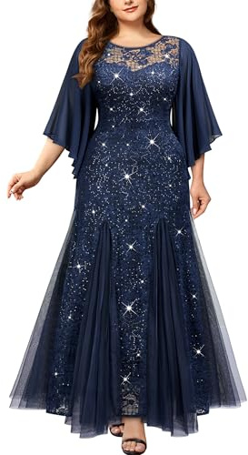 MISSMAY Women's Plus Size Elegant Butterfly Sleeve Chiffon Floral Sequin Lace Contrast Mesh Mermaid Hem Evening Party Long Dress
