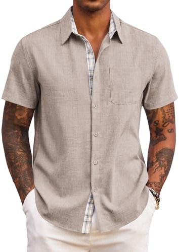 COOFANDY Kortärmad sommartröja för män vardaglig normal passform skjortor semester strandskjorta med fickor, Khaki, 4XL