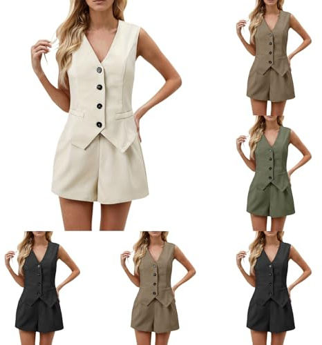 Vhersily Conjunto de dos piezas para mujer – Chaleco Trabajo Vestidos de Verano sin Mangas con Botones Pierna Ancha Pantalones Cortos – Bolsillos Blazer Conjunto Corto Lounge, beige, Large