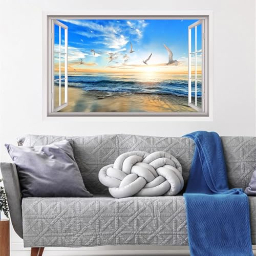 ANHUIB 3D Fake Window Wall Sticker Seagull Beach Wall Stickers Seaside Landscape Wall Stickers 3D Sea View Wall Art for Living Room Mural Decals for Bedroom Bathroom Removable Seascape Decals 84×52cm