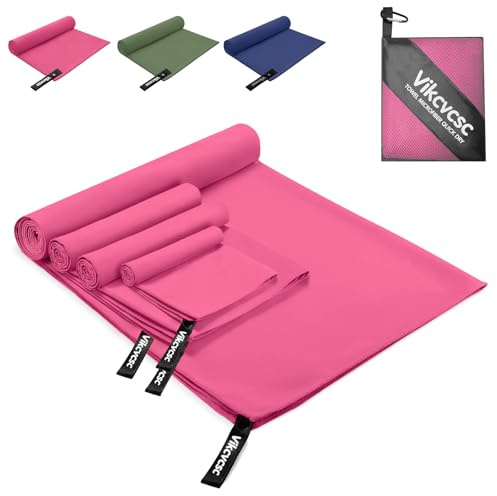 Vikcvcsc Serviette Microfibre Lot de 4 Serviette Sport Musculation,Serviette de Plage Séchage Rapide pour Voyage,Piscine,Serviette de Sport Homme et Femme(Rose Fuchsia,160x80cm+2pcs 80x40cm+40x30cm)