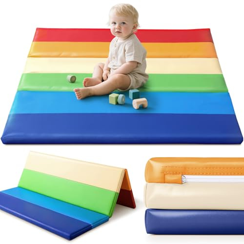 JungleDove Tappeto da Gioco in Schiuma per Bambini: 121x121 cm Tappeto da Gioco per Bambini Impermeabile in Pelle PU - da Gioco per il Pavimento (Arcobaleno)