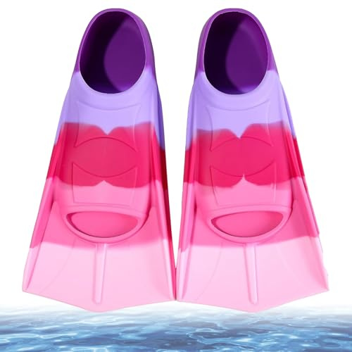 Simfenor för barn, silikon snorkelfenor korta, korta fenor barn, barnfenor korta träningsfenor dykfenor korta simfenor för pojkar flickor (rosa-lila, XS (30–32))