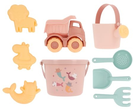 Monnëka Set Giocattoli Spiaggia Bambini | Secchiello, Palette, Rastrello, Annaffiatoio, Camion | Giochi Mare Bambini 1 Anno, 2 Anni | Ecologico Senza BPA | Borsa Spiaggia | Mermaid Cats