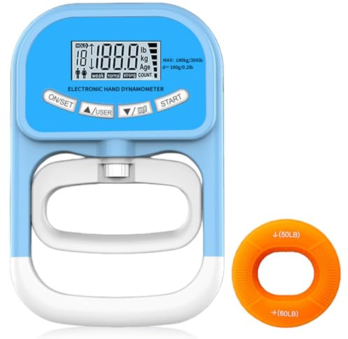 WIYETY Appareil de mesure de la force manuelle numérique : dynamomètre manuel électronique avec anneaux en silicone de 50 à 60 lb, appareil de mesure de la force manuelle pour le fitness et la