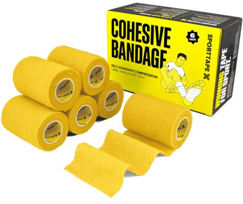 SPORTTAPE 6 Rolls Self-Adhesive Cohesive Bandage, 7.5cm x 4.5m, Yellow | Compression & Vet Wrap for Dogs, Horses, Sports Stretch Tape for Football, Ankles, Joints, Fingers, Wrists & Sock Tape