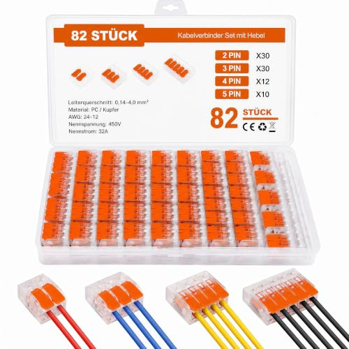 82 stycken anslutningsklämmor med spak, 2/3/4/5-polig, kabelkontakter | För 0,5–4 mm² ledare, för styva och flexibla kablar, transparent låda, 32A/450V, verktygsfri snabbanslutning
