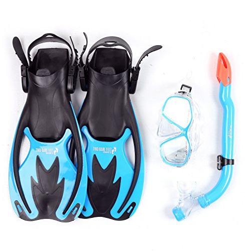Two Bare Feet Snorkel, Mask and Fins/Flippers PVC Diving Set (Kids) With Anti Fog and Wide View Mask, Anti-Leak, Tempered Glass- Scuba Dive Snorkelling Sets (S-M Childs 9-13, Aqua)
