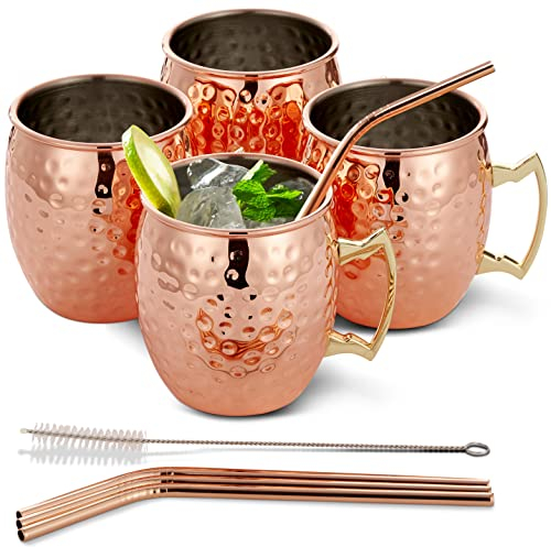 Oak & Steel - 4 Set Premium Moscow Mule Becher Geschenkset - 4 Kupferbecher (550ml), 4 Metallstrohhalme & 1 Reinigungsbürste - Cocktail & Kalte Getränke - Unzerbrechlich