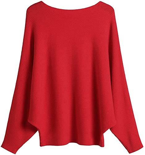 GXIN Jersey de Mujer Sin Hombros Manga Murciélago Holgado Informal Oversize de Punto Cálido (Rojo)