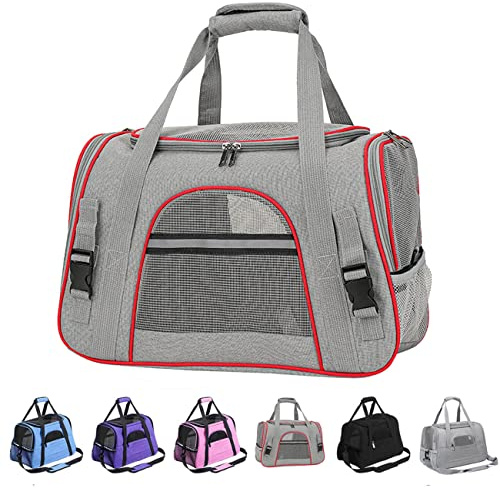 Sac Transport Chat, Chat et Chien Sac de Transport pour,Caisse de Transport Chat Respirant et Pliable Cage Transport Chat avec Matelas en Peluche Amovible Sac de Transport Chat(Grisrouge)