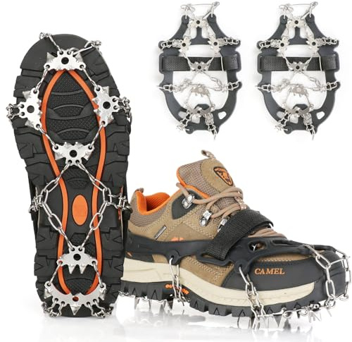 Yoomens Ramponcini/Ramponi per Scarponi con 24 Denti Catene in Acciaio Inossidabile Antiscivolo Spikes Neve Ramponi Ghiaccio Portabile Trekking Escursionismo Camping Moutaineering Winter (L)