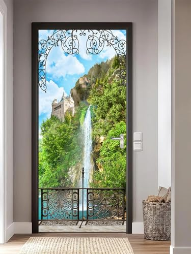 FLFK 3D Door Mural Peel and Stick 77x200cm - Castle with Waterfall Self-Adhesive Door Stickers Wallpaper Wall Poster Decal for Bedroom Home Decor(2Pcs/Set)