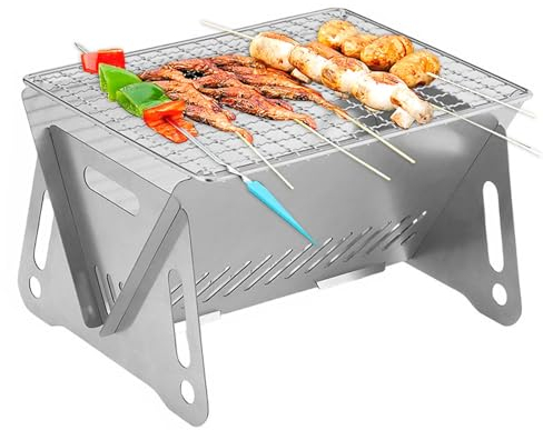 Parrilla plegable para fogata, puerta de parrilla, Pozo de Fuego de Acero Inoxidable, Parrilla Plegable para Barbacoa Fogata Parrilla de Carbón de Leña Elevable para Cámping Picnic Jardín, 22*16*12CM