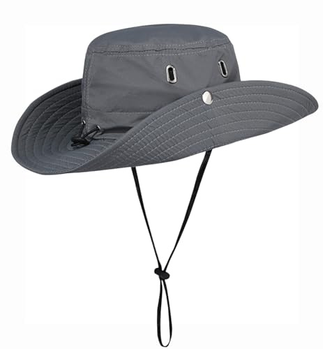 Rayson Sombrero de Pesca Hombre Mujer Gorra de Pescador Transpirable Sombrero de El Sol con Correa de Barbilla Protección UV Verano Boonie Gorra de ala Ancha para Aire Libre(Gris Oscuro)