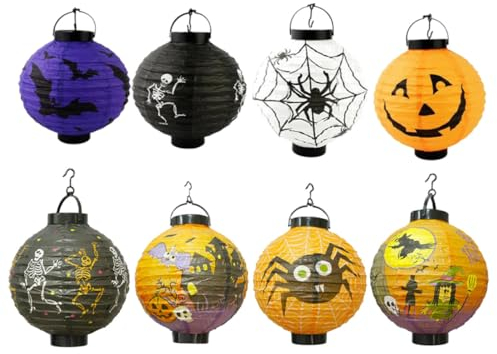 Veemoon 8pcs Halloween Led Paper Lanterns Decorative Lights Hooks for Indoor Outdoor Decor