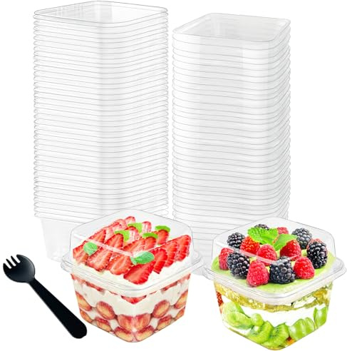 100Pcs 8oz Plastic Dessert Cups with Lids and Spoons,Disposable Parfait Cup Square Cake Containers for Party Favor,Mousse,Yogurt,Pudding,Snacks,Fruits,50 Sets