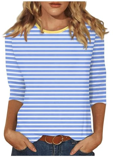 Maglia da donna a 3/4, con stampa a righe, casual, scollo rotondo, a maniche lunghe, leggera, classica, in cotone, a maniche lunghe, comoda