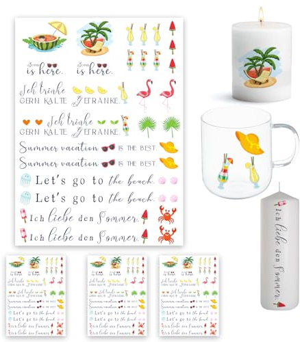 Bolosa 4 Stück Kerzentattoos, Wassertransferdruck, Sommer Wasserschiebefolie Kerzen, Kerzenfolie, Kerzenaufkleber Sticker, Dekorieren, Kerzenaufkleber Sticker, Rub on Sticker Sommer 2