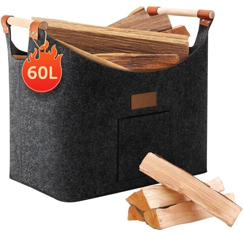 shinfly Cesta de madera para leña de chimenea, 60 L, cesta para leña grande para más leña en la chimenea, cesta plegable de fieltro extragrueso para la compra, madera, juguetes【antracita】