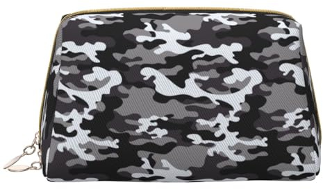 Novastar Bolsa de maquillaje grande de piel de PVC de camuflaje, color negro, gris y blanco, bolsa de maquillaje con cremallera, bolsa de maquillaje portátil para artículos de aseo