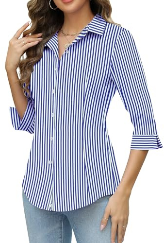 HOTOUCH Vertical Striped Button Down Shirts 3/4 Sleeve Business Casual Shirts Slim Fitted Button Up Work Blouse Tops Blue Stripes